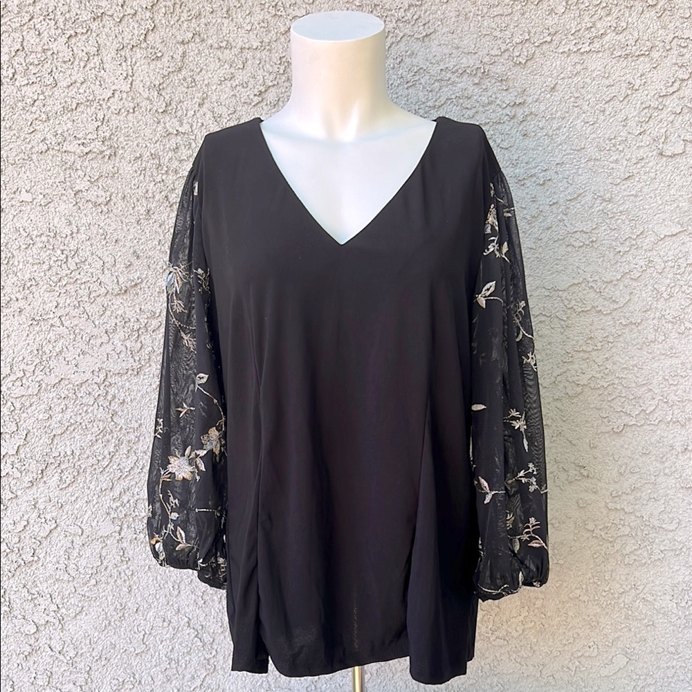 Perseption Black Embroidered Floral Mesh Sheer Sleeve Vneck Nylon Stretch Blouse